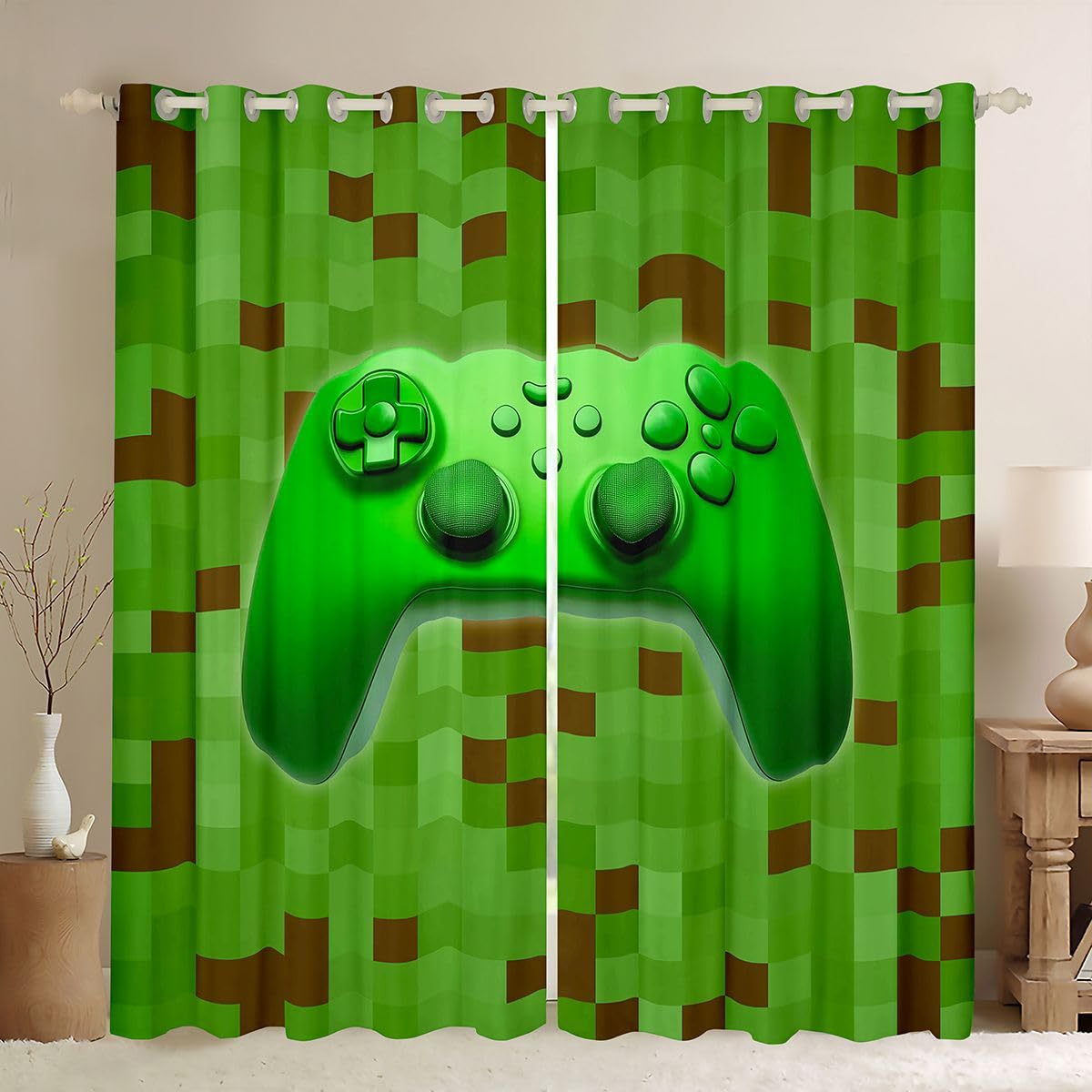 Homemissing Rideaux occultants pour fenêtre de jeu de pixels (2 panneaux, 132,1 x 160 cm) pour chambre d'enfants et de garçons, rideaux occultants pour fenêtre de jeu, vert