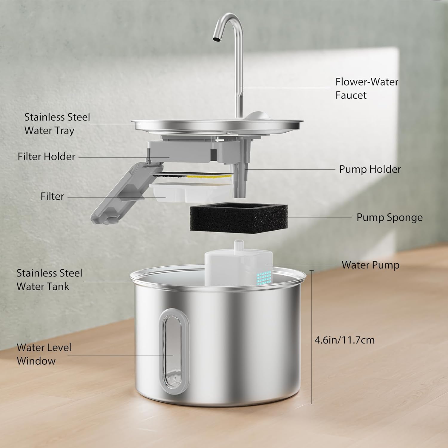 304 Stainless Steel Cat Water Fountain - 2.8L/95oz Quiet Electric Pet Water Fountain with Multi-Stage Filtration, Easy to Clean & Assemble (Pet Water Fountain+6 Filters)