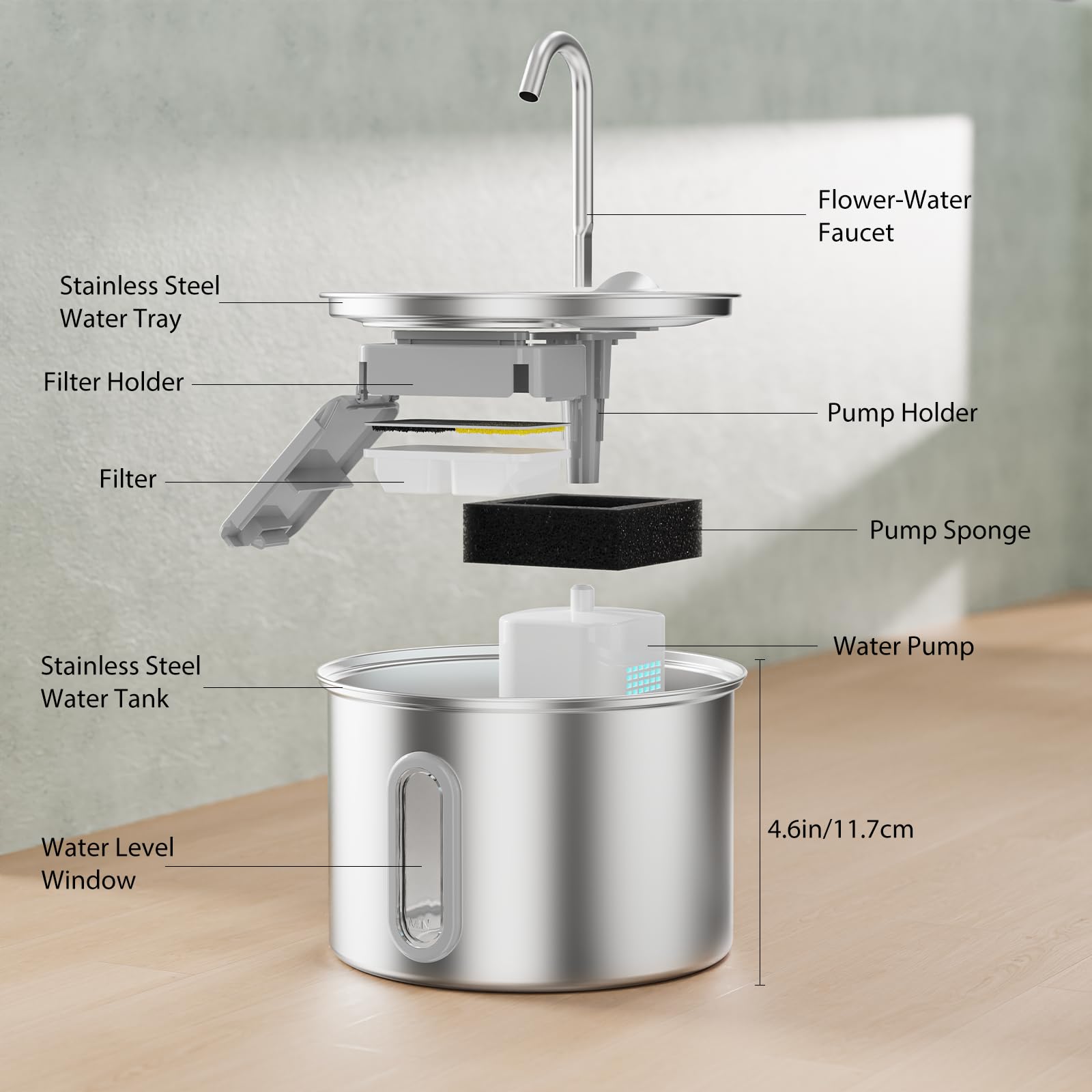 304 Stainless Steel Cat Water Fountain - 2.8L/95oz Quiet Electric Pet Water Fountain with Multi-Stage Filtration, Easy to Clean & Assemble (Pet Water Fountain+1 Filter) - image 7