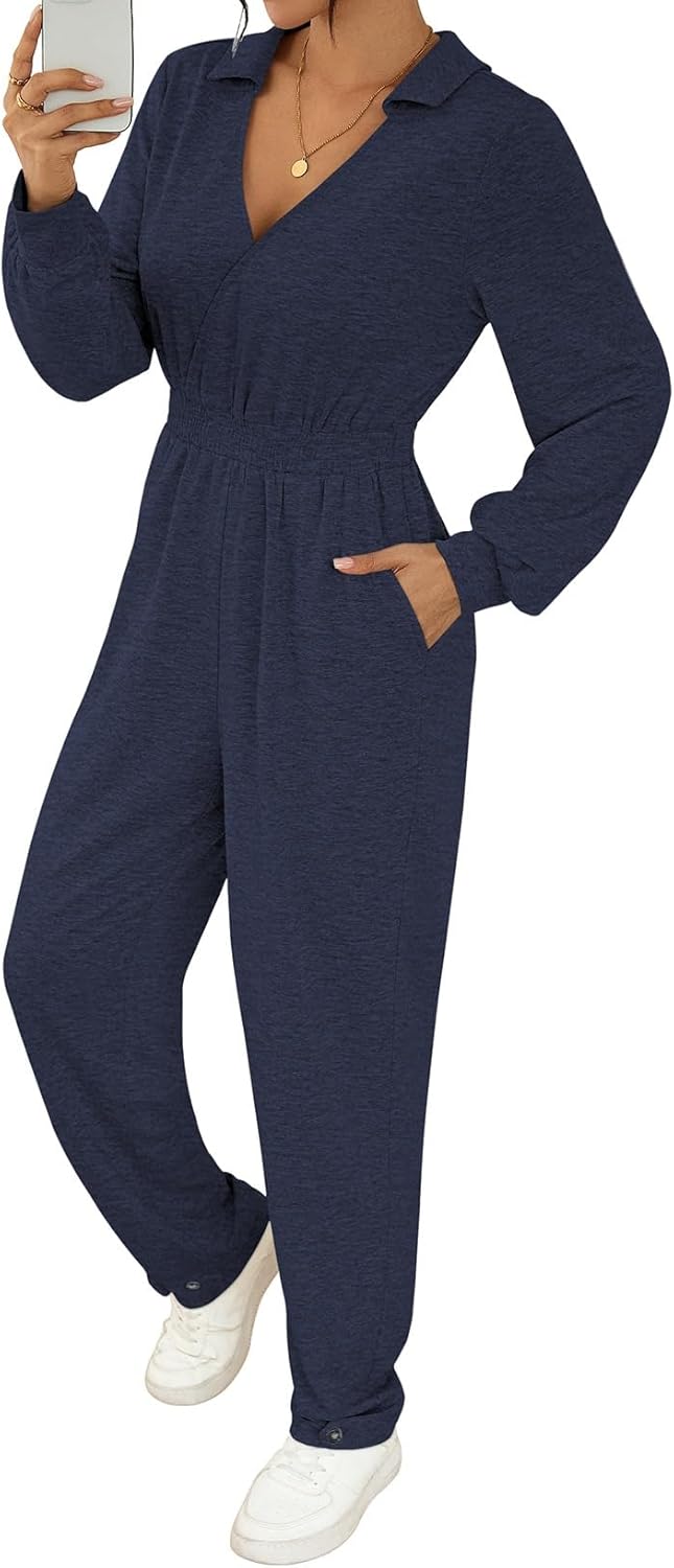 Pink Queen Jumpsuits for Women Collar V Neck Long Sleeve Rompers Casual Sport Outfits