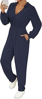 Pink Queen 2025 Fall Casual Jumpsuits for Women Collar V Neck Long Sleeve Rompers Airport Vacation Travel Outfits