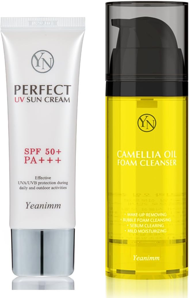 Yeanimm Women Perfect UV Sun Cream Skincare UV Clear Broad-Spectrum SPF 50+ / PA +++ & Camellia Facial Oil Foam Cleanser for Acne-Prone & Sensitive skin Pack (UV Cream & Facial Cleansing Oil)