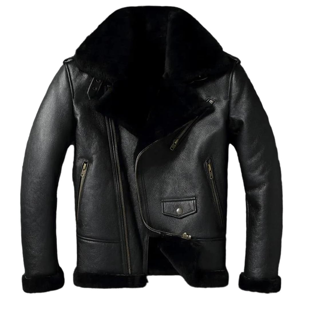Mens Casual Motorcycle Jacket With Fur Lapel Turn-Down Collar Long Sleeve Zipper Slim Fit Biker Coat