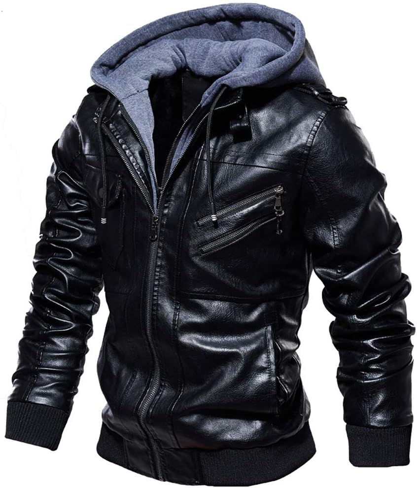 Men's Faux Leather Jacket Hooded Bomber Jacket Coat Vintage Motorcycle Jacket with Removable Hood