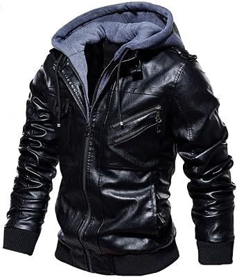 Mens Faux Leather Jacket Hooded Bomber Jacket Coat Vintage Motorcycle Jacket with Removable Hood