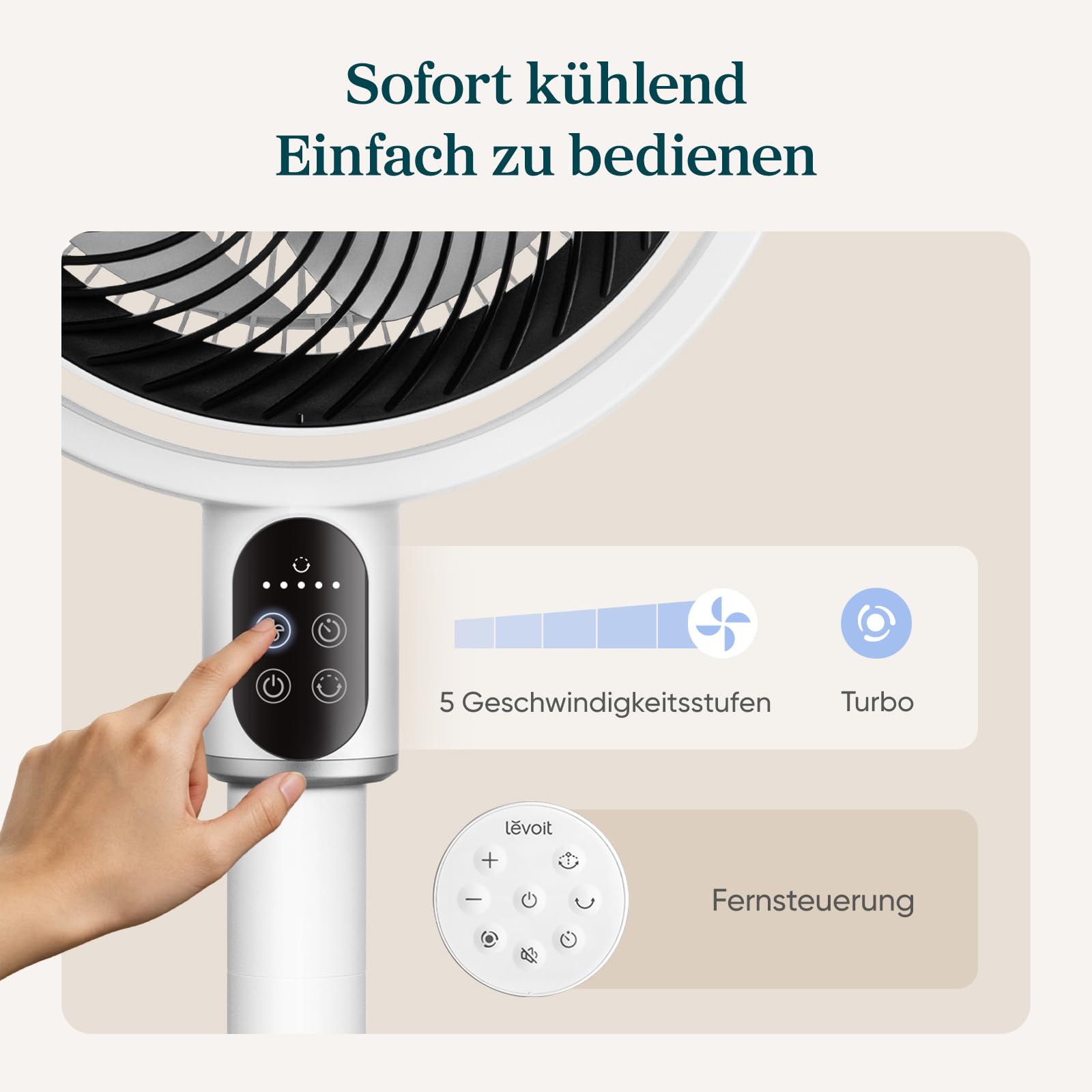 Levoit Standventilator 1740m³/h 24m Reichweite 20dB leiser DC Motor 6,5m/s 90° Oszillation 5 Stufen 12 Std Timer höhenverstellbar 97 cm