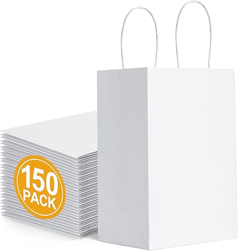 BagDream Paquete de 150 bolsas de regalo pequeñas de 5.25 x 3.75 x 8 pulgadas, bolsas de regalo de papel kraft con asas, compras a granel,