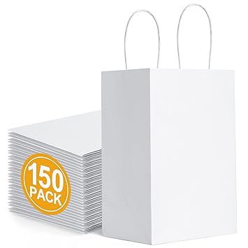 BagDream Small Gift Bags 150Pcs 5.25x3.75x8 Inches Kraft Gift Paper Bags with Handles Bulk Shopping Merchandise Retail Paper Sacks White