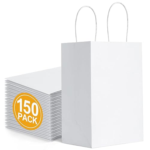 BagDream Gift Bags White Kraft Paper Gift Bags with Handles Bulk 150 Pack Wholesale Small Business Retail Merchandise Valentine's Day Birthday Party Favors Paper Sacks