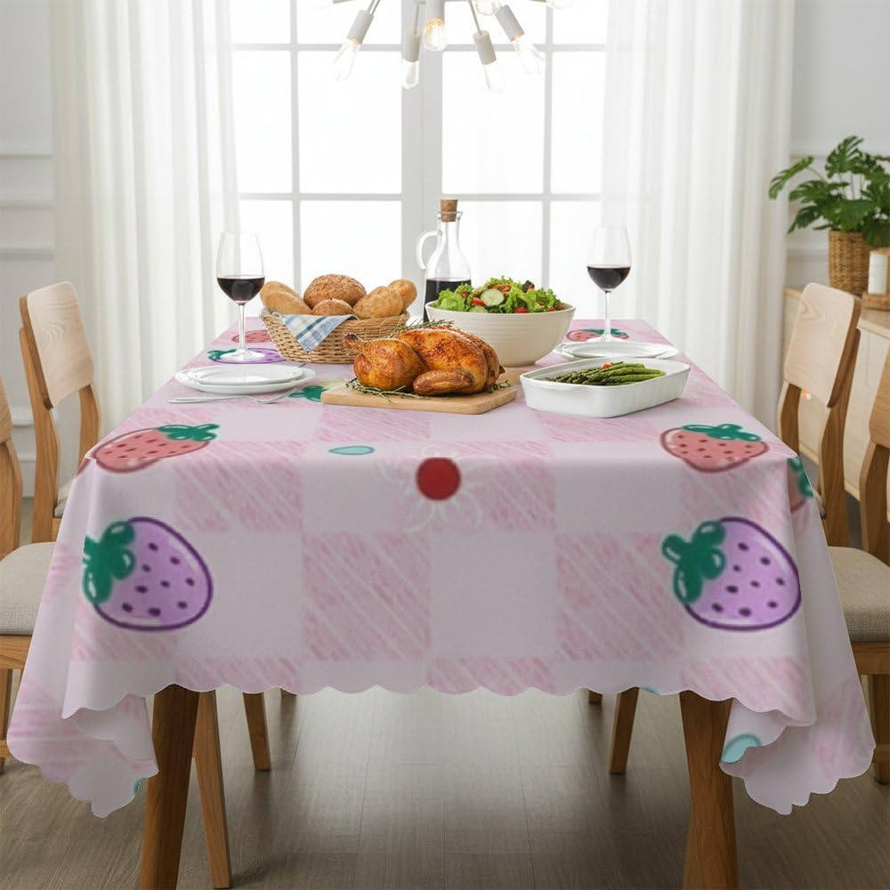 Multi Color Strawberry Table Cloth Rectangle Table 60x120 in, Wipeable Elegant Party Tablecloths, Girl Party Decorations Bohemian Tablecloth for Seasonal Tea Outdoor Indoor Cover