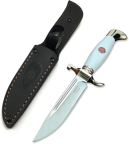 HUAAO Cuchillo de caza de hoja fija de 10.2 pulgadas con funda, cuchillo Bowie de espiga completa, mango acrílico de hoja 440C, cuchillo de