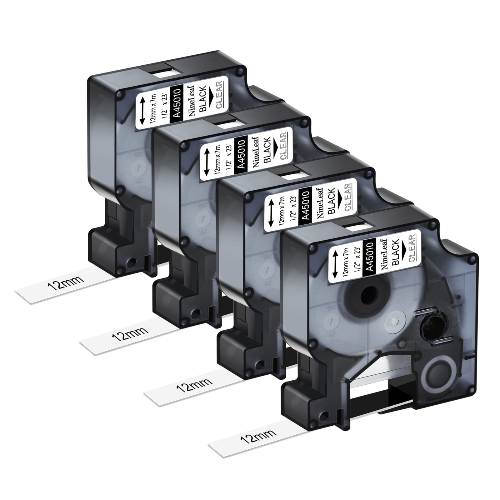 NineLeaf 4 Pack Replacement for Dymo D1 45010 S0720500 A45010 12mm x 7m 0.47'' 1/2 inch Black on Clear Label Tape for Label Writer 450 Duo 400 Duo 3M PL100 PL150 PL200 PL300 Label Maker — image 1