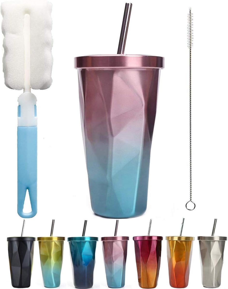 Travel Mug with Straw Insulated Stainless Steel Tumbler All Seasons Available Coffee Cup Office Mug Cold Cup Drinking Cups Water Bottle Pink&Blue 16oz/480ML