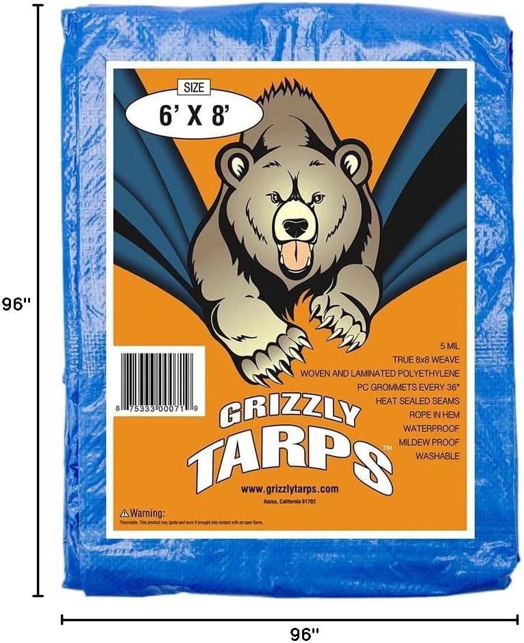 Grizzly Tarps by B-Air 6' x 8' Large Multi-Purpose Waterproof Heavy Duty Poly Tarp with Grommets Every 36", 8x8 Weave, 5 Mil Thick, for Home, Boats, Cars, Camping, Protective Cover, Pack of 6, Blue