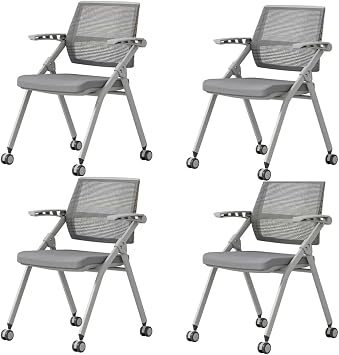 4 Pack Comfortable Home Office Foldable Office Chair,Folding Chair with Wheels Desk Chairs for Bedroom with Padded Seats Small Spaces,Gaming Ergonomic Foldable armrest,360 Degree Rotation,Grey