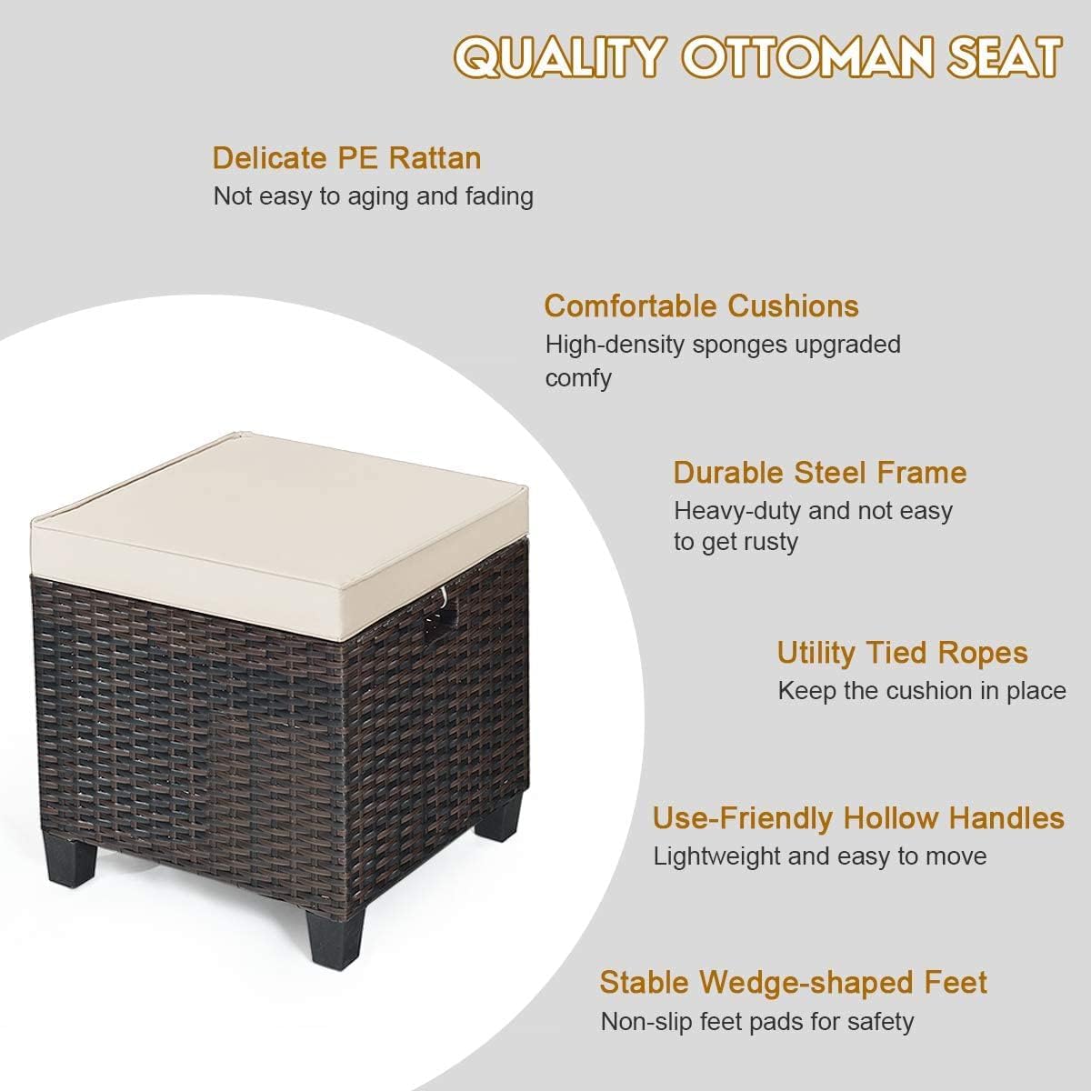 DORTALA Outdoor Ottoman Wicker 2 Piece, Patio Ottomans PE Rattan Foot Rest with Cushion for Couch, Chair, White