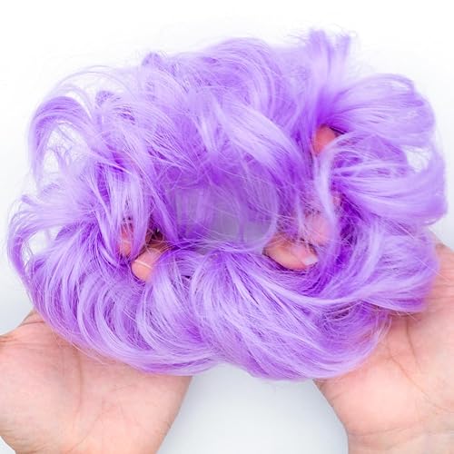 Miniatura 3 de Moños espaciales, piezas de cabello para mujeres y niñas, extensiones de cabello sintético ondulado y rizado, moño (morado claro)