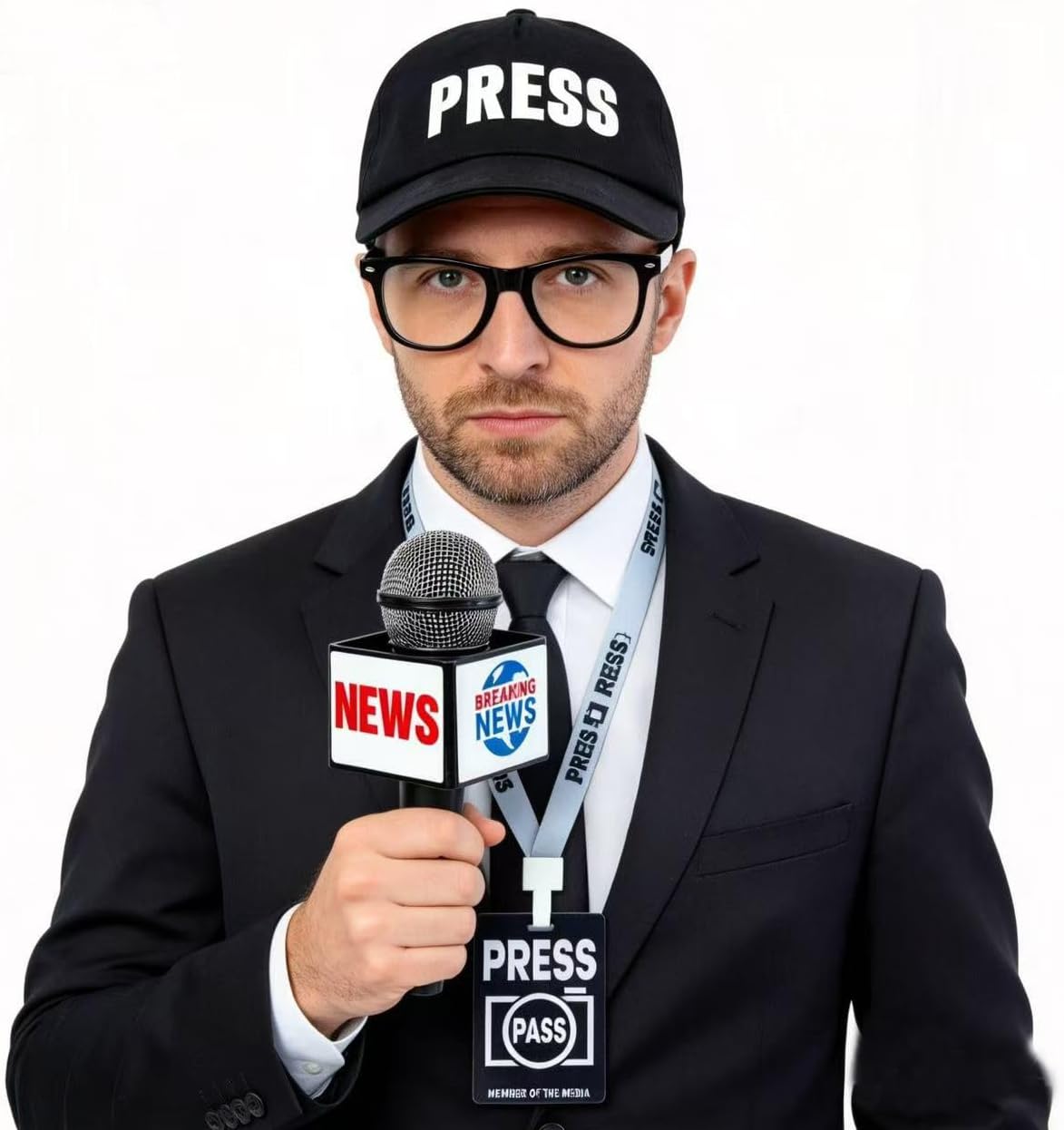 Journalist News Reporter Costume Accessories Set, Fake News Microphone Prop Press Hat Press Pass and Glasses for Halloween Dress Up Career Day Party (4PCS Set)