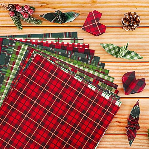 Whaline 12 Designs Christmas Pattern Paper Pack 24 Sheet Christmas Plaid Scrapbook Specialty Paper Double-Sided Collection Plaid Decorative Craft Paper for Card Making Scrapbook