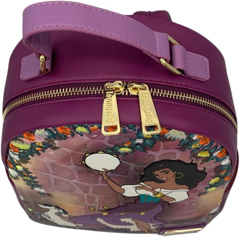 Loungefly Disney Hunchback of Notre Dame Esmeralda Purple Mini Double Strap Shoulder Bag, Debossed with Embroidered Flowers