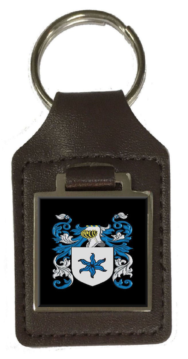 Llavero de cuero marrón con diseño de escudo de la familia de heno grabado