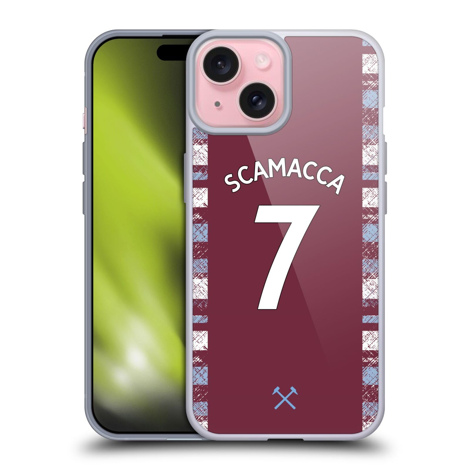 Carcasa iPhone 15 West Ham Scamacca que evita arañazos y caídas en silicona flexible 7