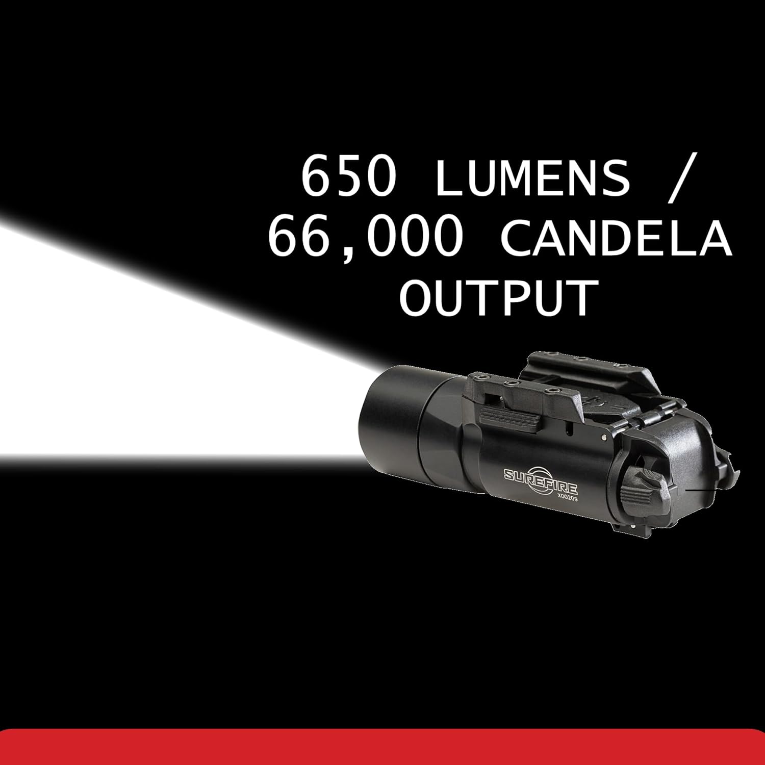 SureFire X300T-A showing 650 lumens and 66,000 candela output