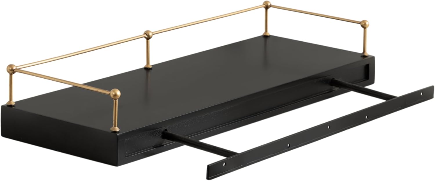 Kate and Laurel Havina Modern Natural Floating Shelves with Rail, Set of 2, 24 x 8, Black and Gold, Functional Nursery Book Shelves or Bathroom Shelf Decor for Over Toilet Storage and Display