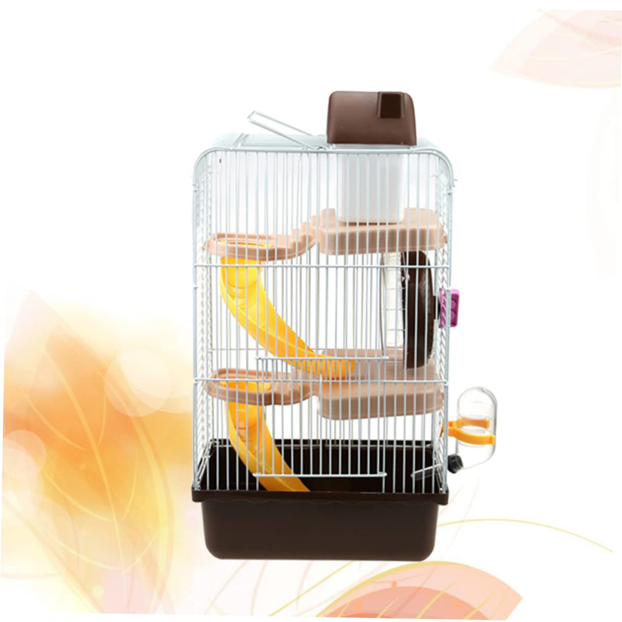Dreistöckiger Hamsterkäfig Luxus Villa Käfig mit DREI Ebenen | Kaffeefarbene Ausführung, Pp und Eisendraht, 23x17x45cm, Laufrad und Auslaufsichere Trinkflasche