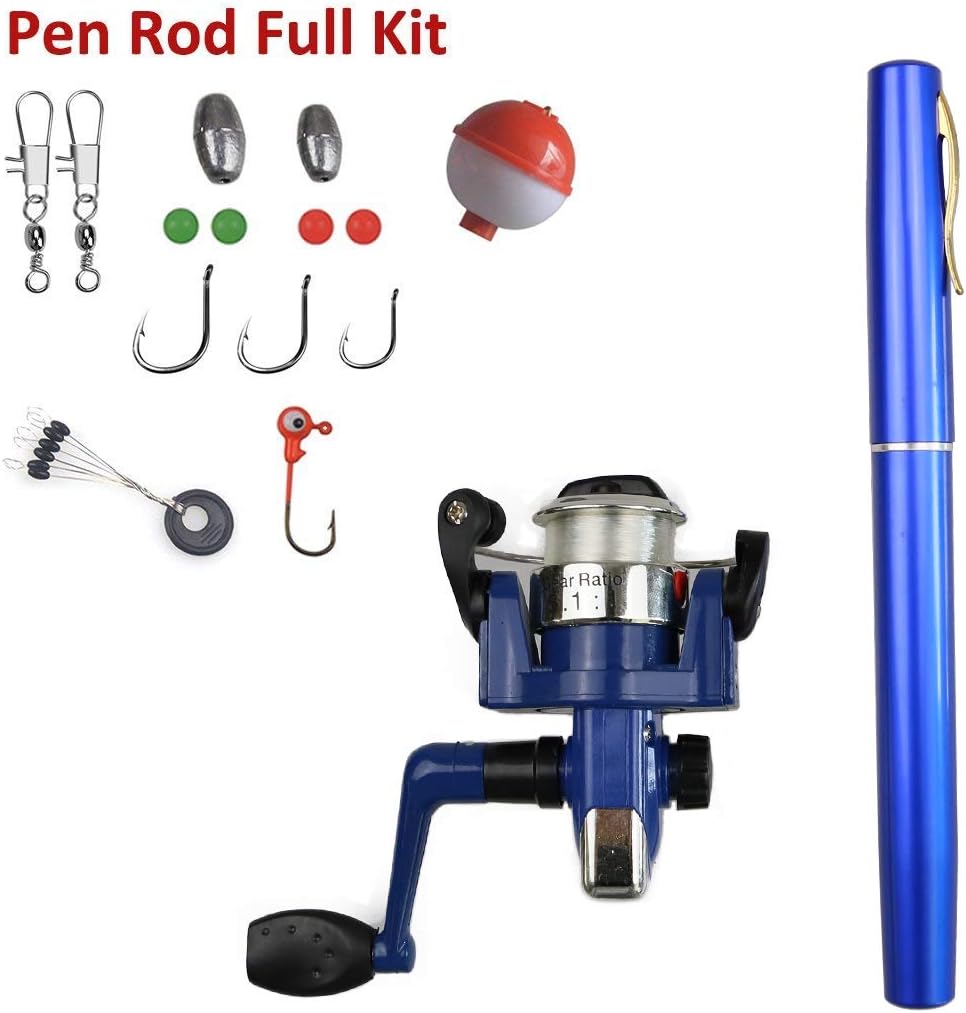 Pen Fishing Rods Mini Telescopic Kids Fishing Pole Survival Tool Spinning Reel with Hooks Lures etc (Blue)