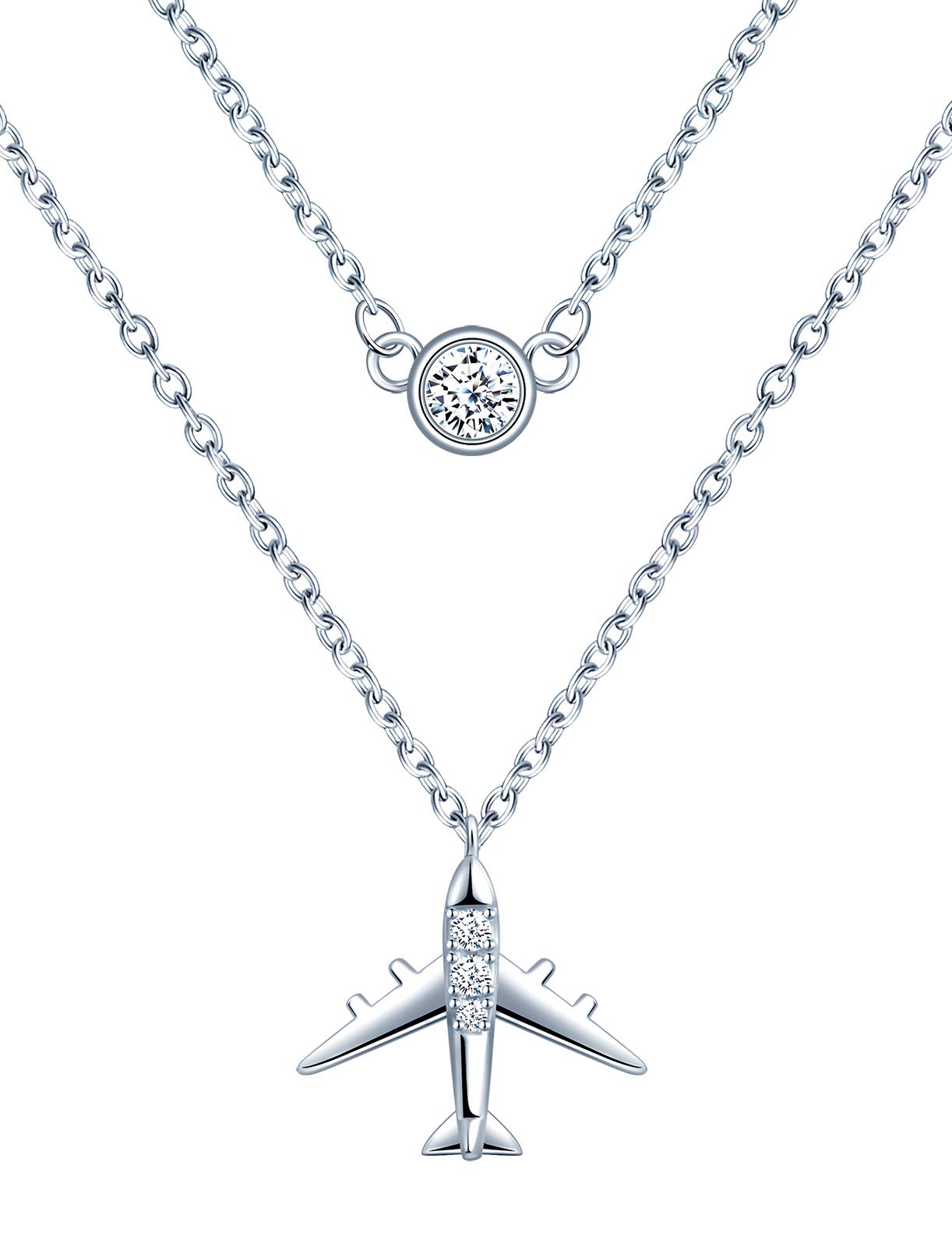 MICSAVI Collana Donna Doppia Catena con Ciondolo Aeromobili e Zirconia, Argento Sterling 925 Gioielli da Donne Mamma Ragazze
