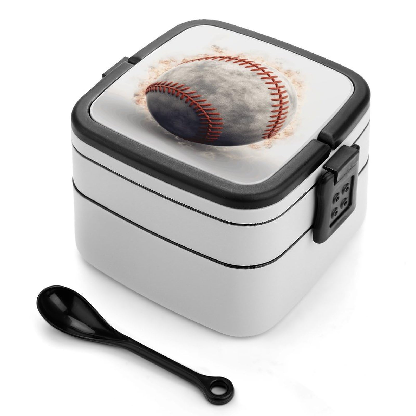 FekiLoot Baseball Bento Box Adult Lunch Box Sealed Bento Lunch Boxes with Spoon Sturdy Double Layer Bento Boxes Snap-on Design Leak Proof Lunch Containers Ideal for Work