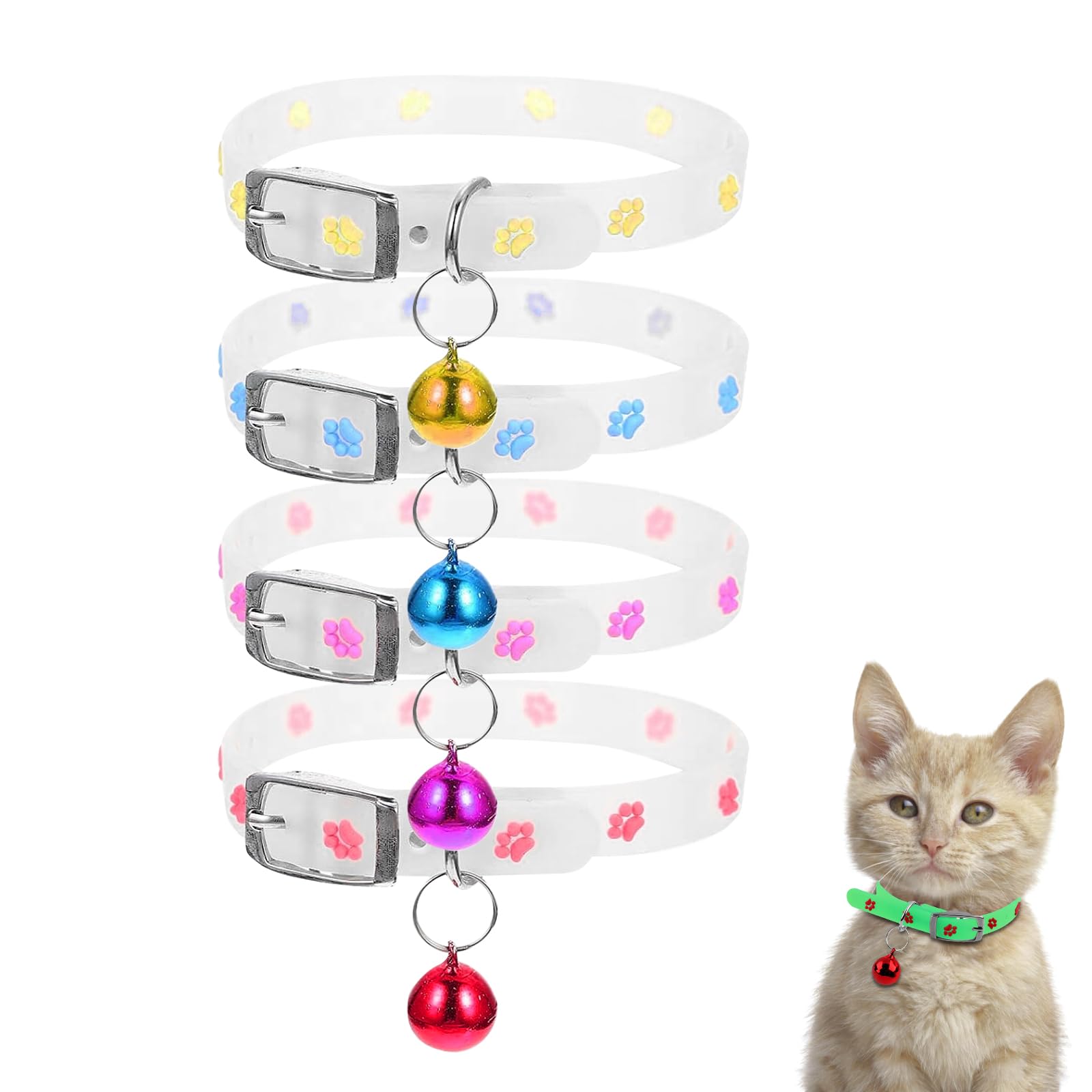 Reflective Cat Collars, 4PCS Adjustable Silicone Kitten Collar Lightweight Small Dog Collar with Bells Anti-Lost at Night Pet Collars, for Cats Kitten Small Pets