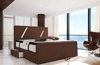 Sofa Dreams Boxspringbett Toulon Mikrofaser Polsterbett Stauraum LED Licht Hotelmatratze Topper 140x200 160x200 180x200 200x200 200x220 (200 x 220 cm, Hellbraun-m5)