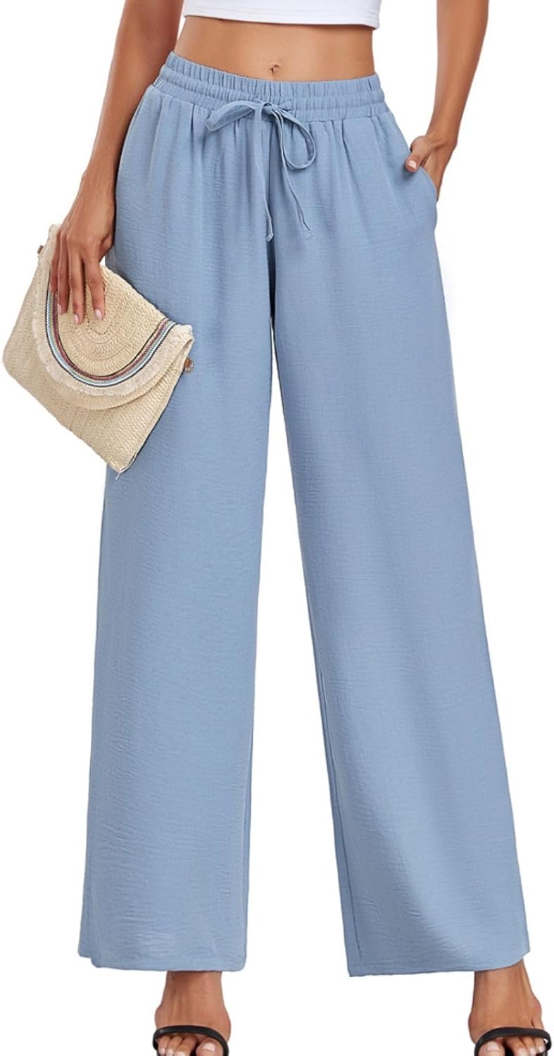 Women’s Casual Pants Loose Fit Palazzo Pant Elastic Waisted Drawstring Tie Knot Trousers with Pockets, Striped Print Pants, Black White Wave Stripes, S
