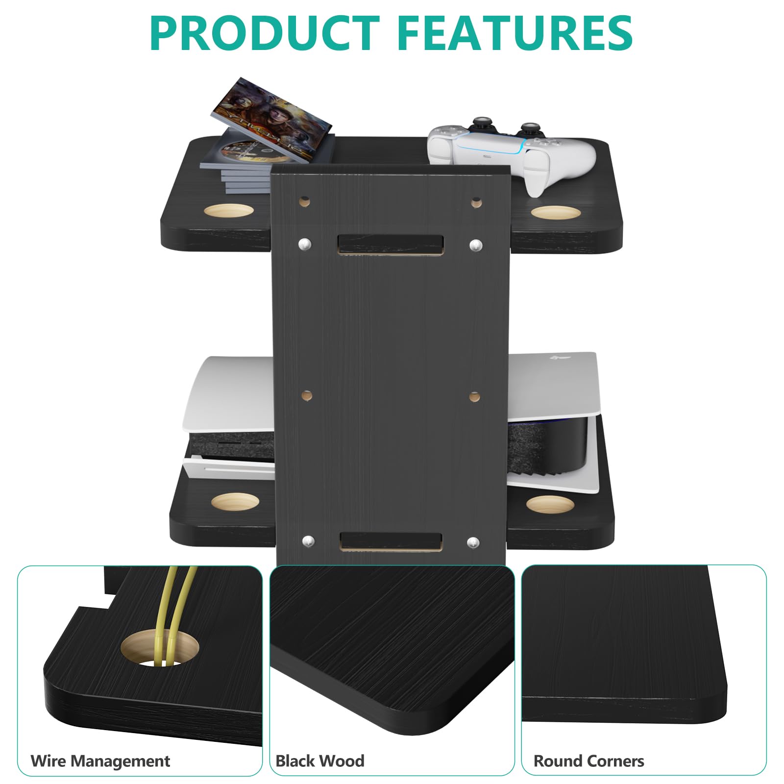 WALI Mensola sospesa per TV, può contenere fino a 10 kg, ripiani in legno da parete sotto il ripiano TV per lettori DVD, decoder via cavo, router, console di gioco, accessori decorativi per soggiorno