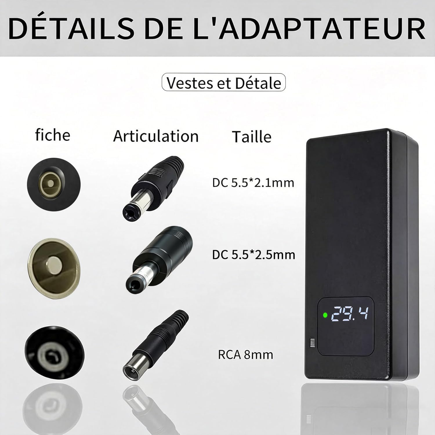 Caricatore 29,4 V 4 A agli ioni di litio 24 V, bicicletta elettrica e monopattino elettrico | Display LED, connettori RCA da 8 mm e DC 5,5 x 2,1/2,5 mm, protezione multipla e certificazione CE per una ricarica sicura.