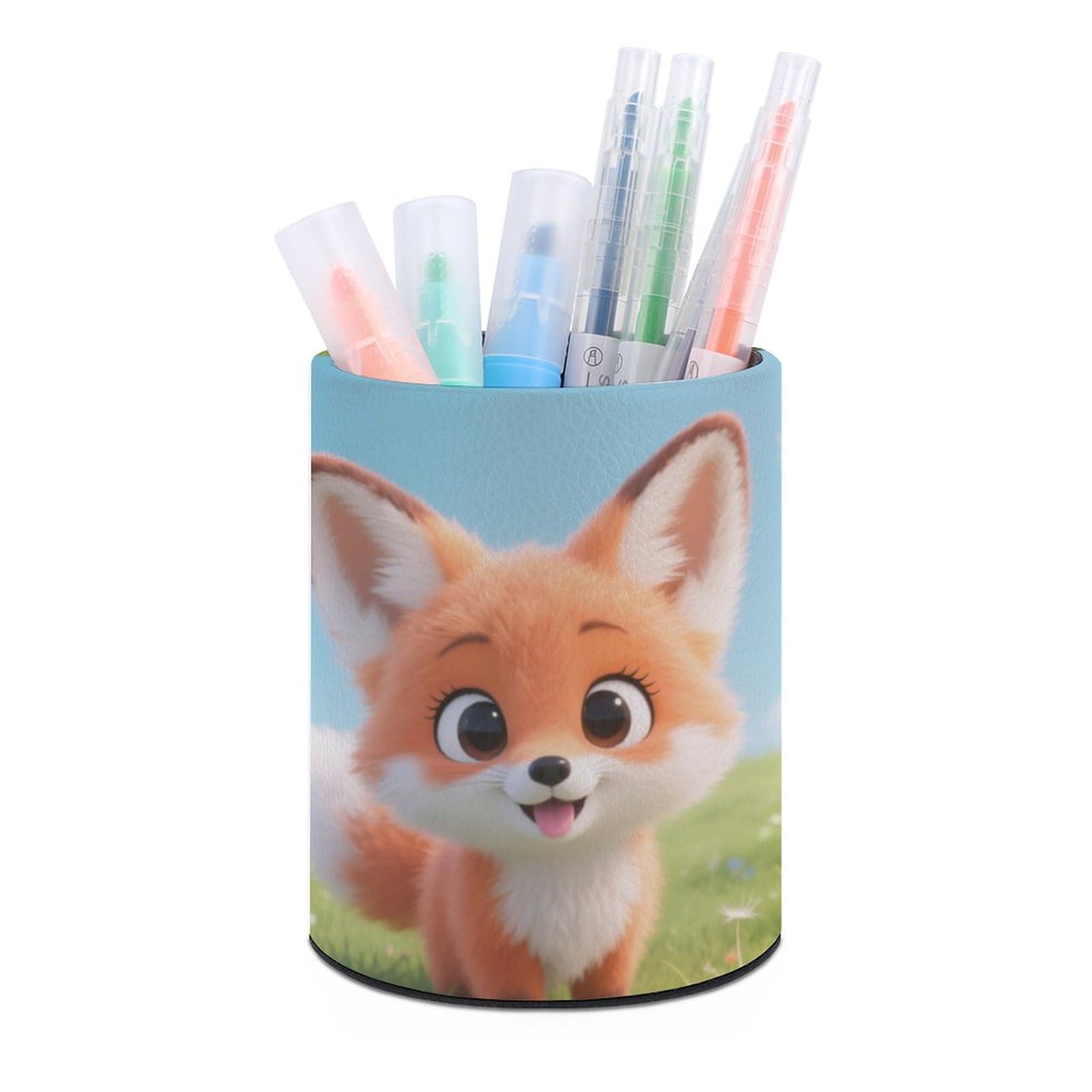 DWVTSLH Aesthetic Pen Holder for Desk - Modern Leather Pencil Holder - Stylish Round Makeup Brush Holder - Cute Fox Pen Cup Cute And Functional Desk Organizer for Office Supplies