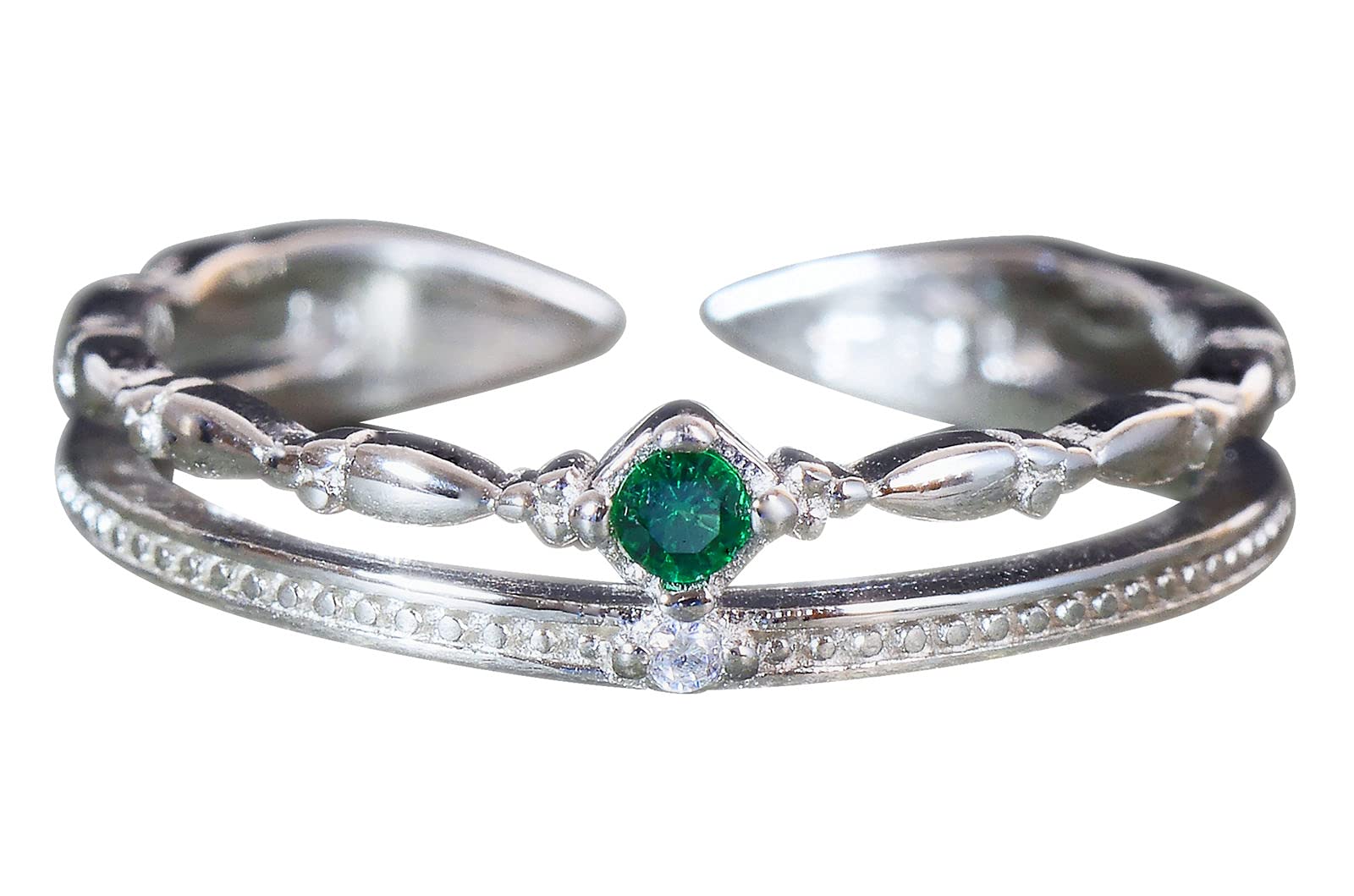 NicoWerkAnillo de plata de ley 925 para mujer, de doble fila, con piedra verde, circonitas, estrecho, ajustable, abierto, SRI710, Plata de ley