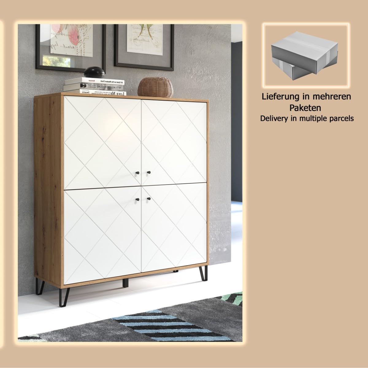 trendteam smart living - Touch - Sideboard - Weiß/Eiche - Highboard mit 4 Türen und 3 Einlegeböden - Fronten mit dekorativer Fräsung - (BxHxT) 123 x 136 x 40 cm - extravagante schwarze Metallfüße