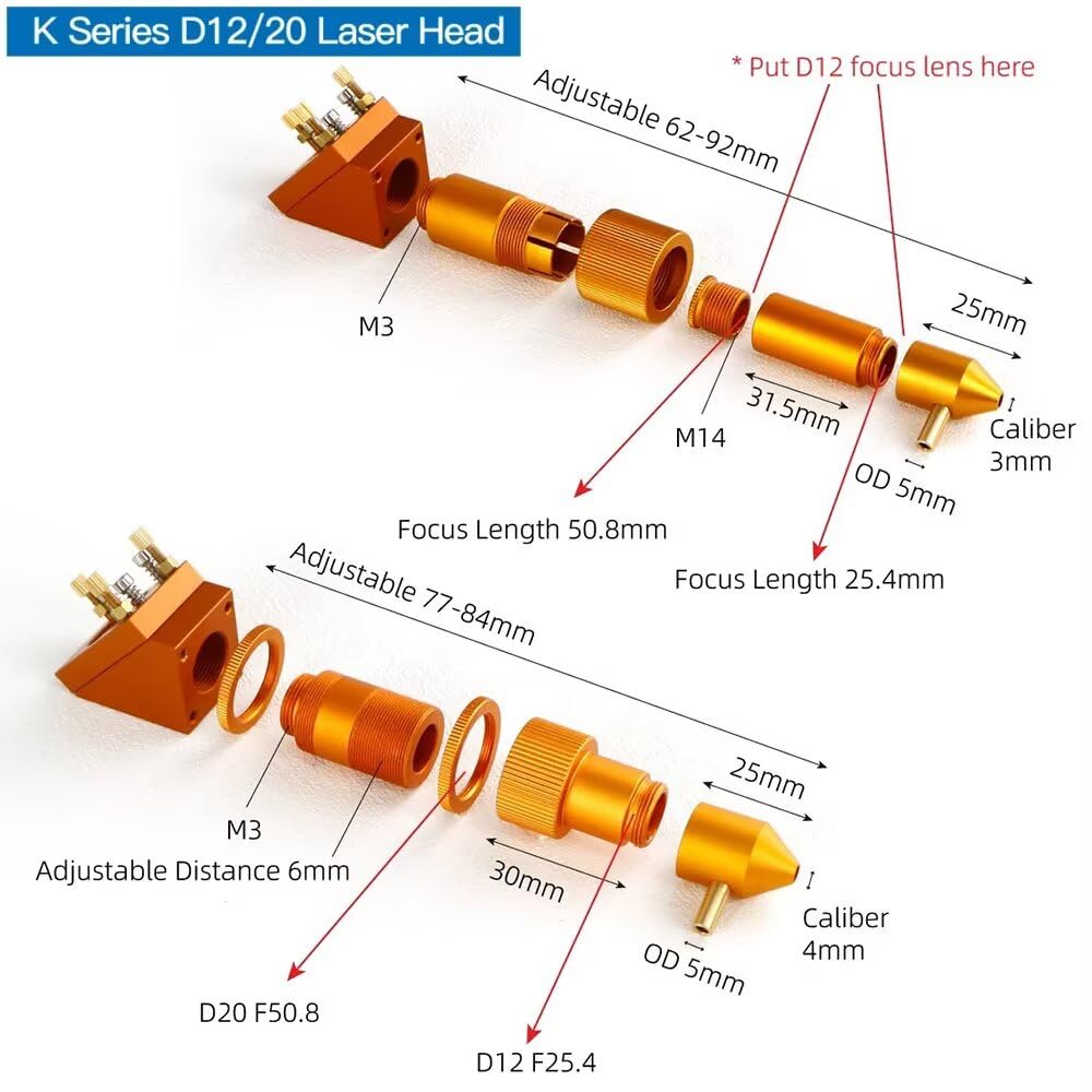 Set di teste laser con 3 specchi in silicio D20mm e 1 lente di messa a fuoco CVD ZeSn D20mm FL50.8mm per macchine per incisione e taglio laser(Set D D20F50.8)