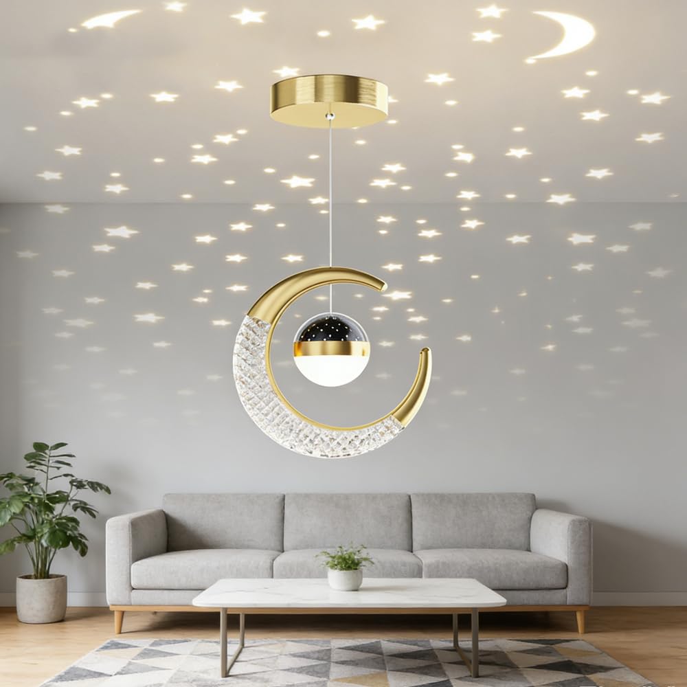 FDOIUTU Modern Chandelier Ceiling Light LED Moon Pendant Light Fixture Ceiling Lighting 10W Metal Chandelier Adjustable Height for Living Room Dining Room Bedroom Bathroom (Gold-N)