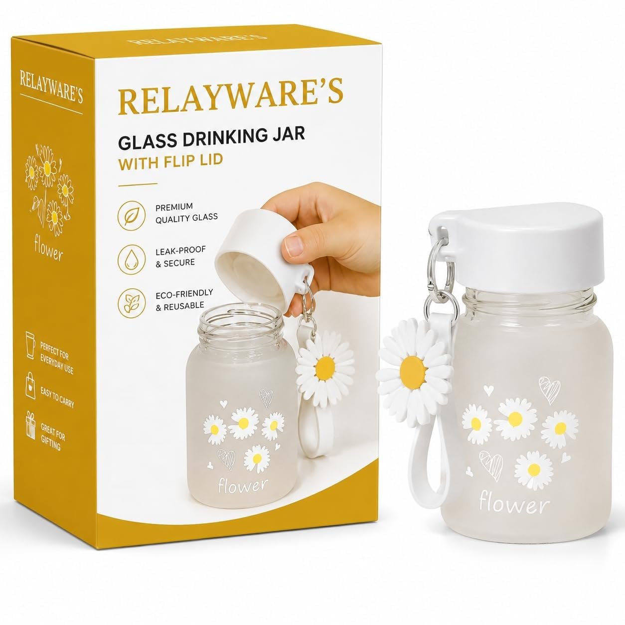 Flower Frosted Glass Water Bottle, with Cute Flower/Keychain & Leak-Proof Lid, for Milk, Juice Bottle for Girls, Kids, Office & Travel Mini Water Bottle.-image-47