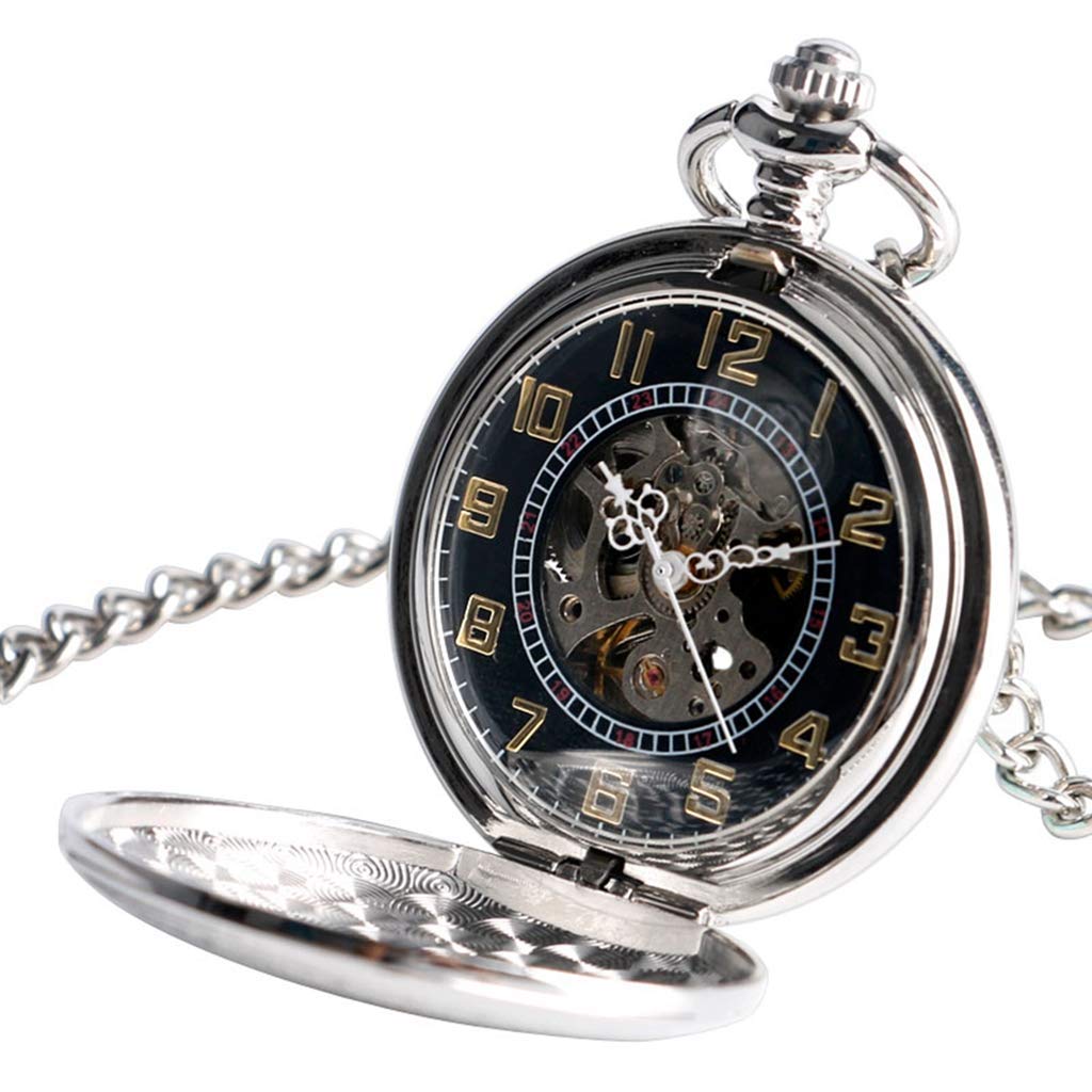 J-Love Reloj de Bolsillo con Cuerda automática, Esqueleto mecánico automático, Reloj de Bolsillo, diseño de Escudo Plateado Vintage, Esqueleto Negro con Cadena de 30cm
