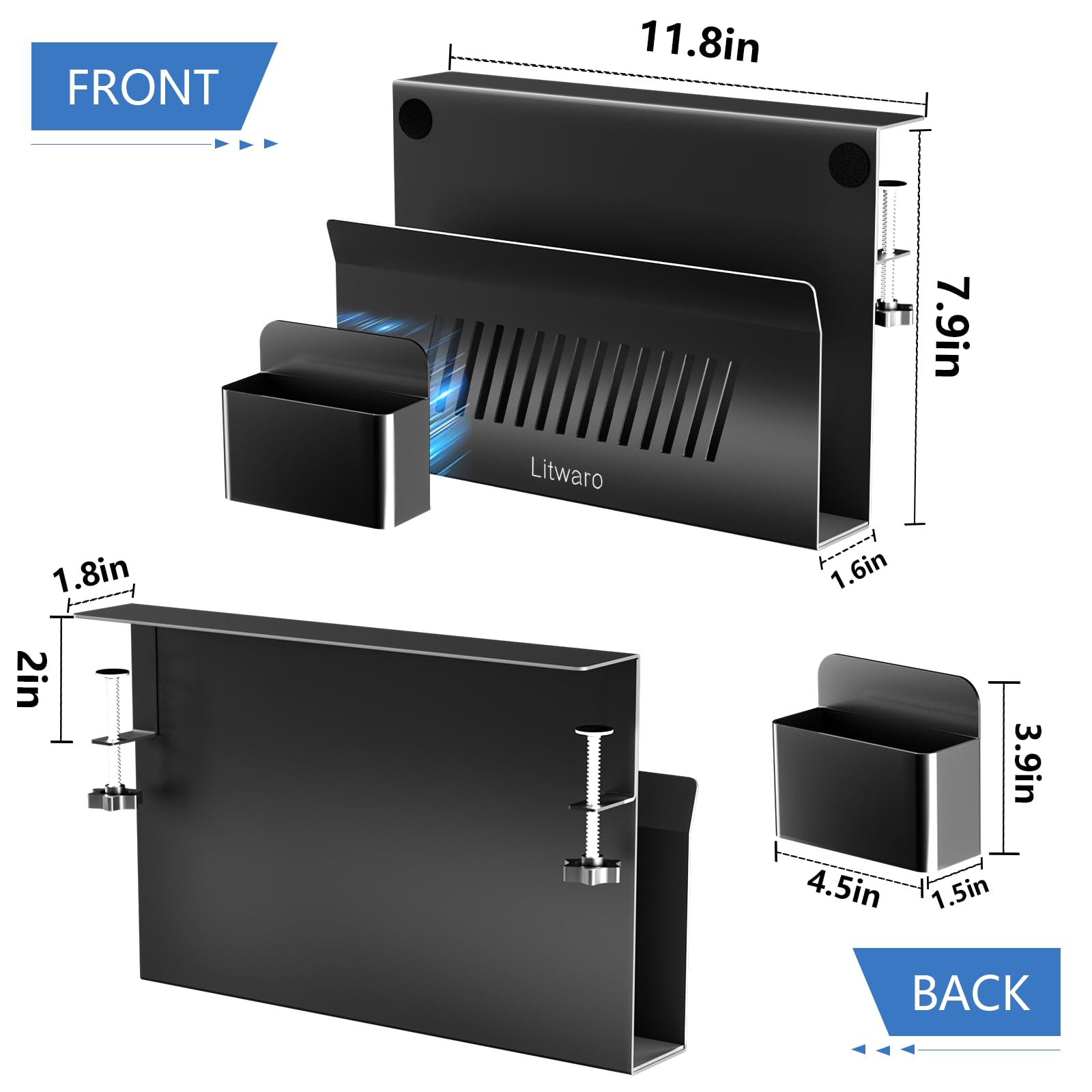Litwaro Organizer laterale da scrivania, supporto da scrivania per laptop con morsetto sulla mensola della scrivania, senza trapano, supporto da scrivania con portapenne, organizer da scrivania da