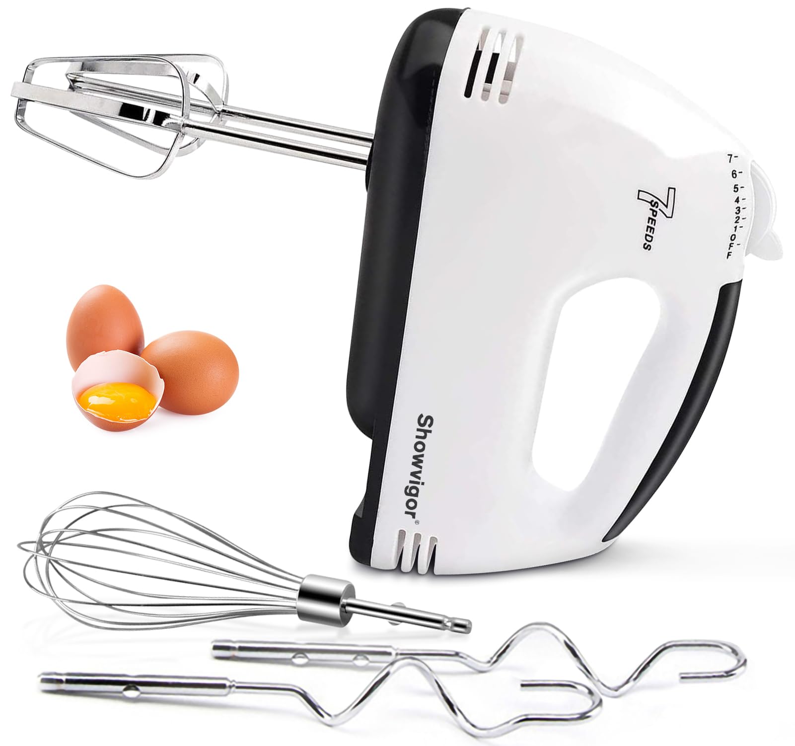 7-Speed Hand Mixer, 5-Piece Set, 2 Stainless Steel Dough Hooks, 2 Stirrers, 1 Traditional Whisk, Hand Mixer Electric Handheld for Stirring Meat, Dough, Eggs, Dishwasher Safe(White)