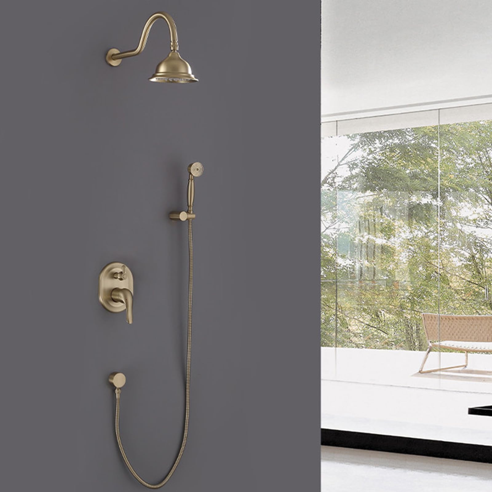XJTNLB Miscelatore Doccia Monocomando Incasso 2 Vie Soffione Doccia Rotonda a Parete con Doccetta,Oro Spazzolato