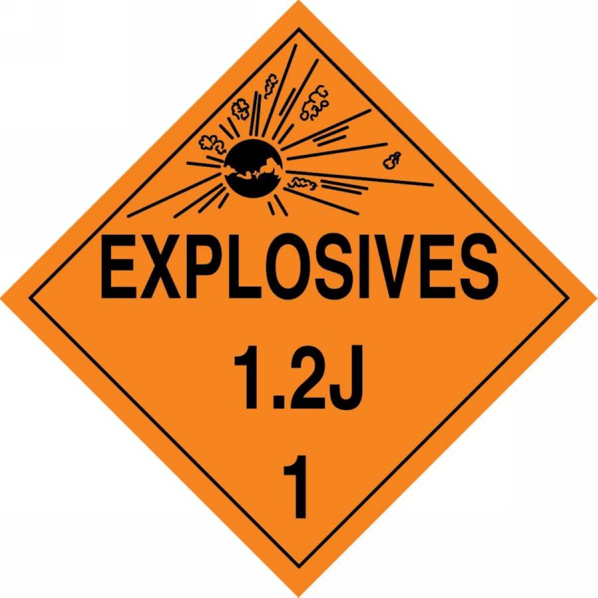 Accuform MPL117VP50 - Cartel de plástico de clase 1/división 2J DOT, "Explosives 1.2J 2.5 cm con gráfico, 26.7 cm de ancho x 26.7 cm de largo, negro sobre naranja (paquete de 50)