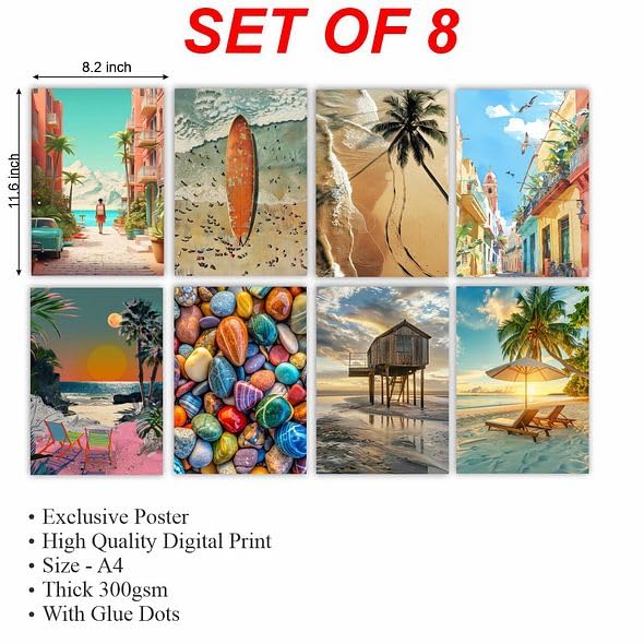 Image of CVANU Aesthetic Beach & River Side Design Picture Printed 8pcs Wall Art Collage Kit Posters With Glue Dot Tape for Living Room| Office| Bedroom| Office| Walls Decorative Item (8.2inch X 11.6inch) 369