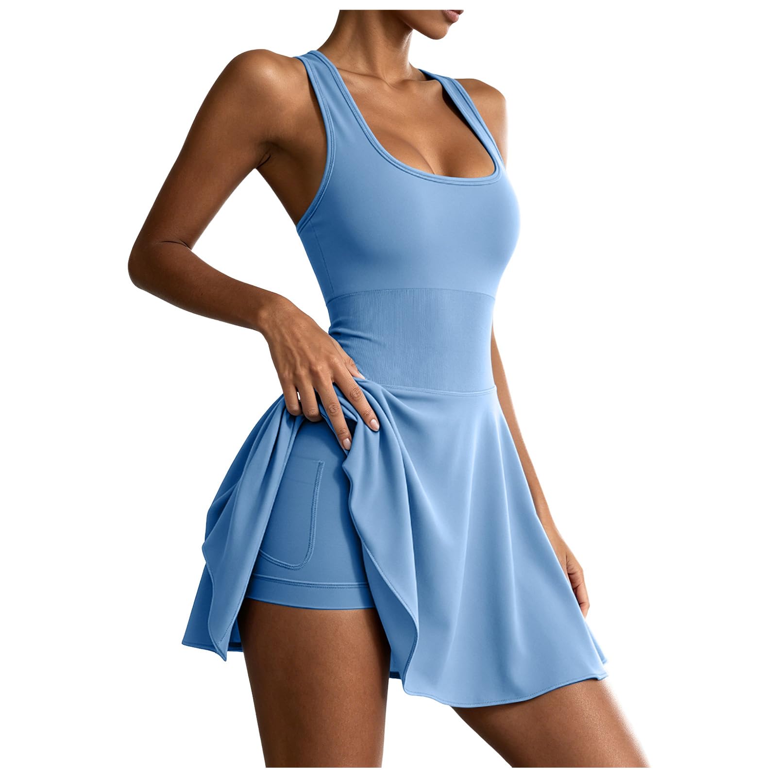 Générique 2026 Robe Tennis Femme Sport Sans Manches Col en U Dos Nageur avec Short Intégré et Poches Robe de et Fitness Mini Été avec Soutien Gorge Confortable et -transpirante pour Sport et Loisirs